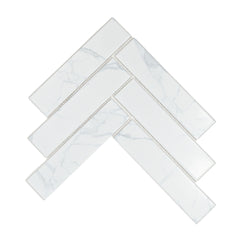 Statuario 2" x 8" Herringbone Marble Look Mosaic