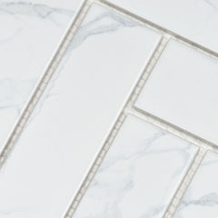 Statuario 2" x 8" Herringbone Marble Look Mosaic