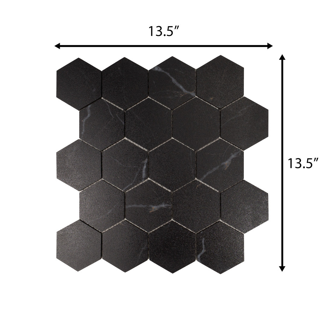 Longo Black 3" x 3" Hexagon Porcelain Marble Look Mosaic Tile